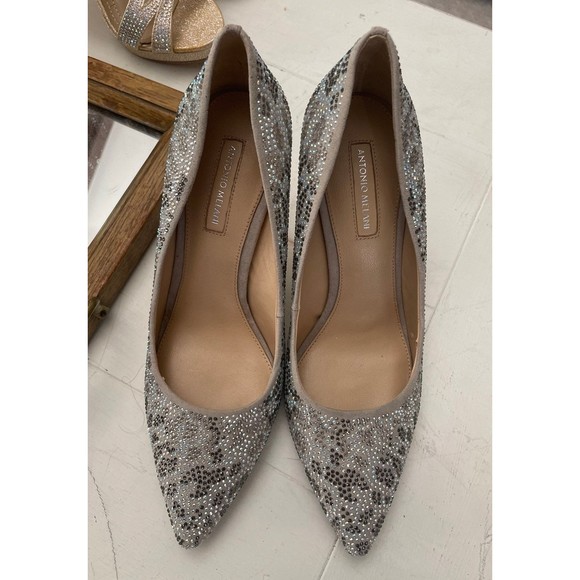Sz 8 Antonio Melani Silver Mallana Grey Sequined/Rhinestoned Leather Heels Pumps - Picture 1 of 8